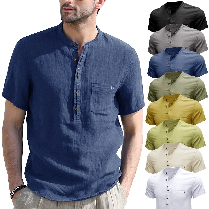 Trade Cross-Border Henley Collar Solid Color Short-Sleeved Shirt Amazon Men&prime;s Cotton Shirt