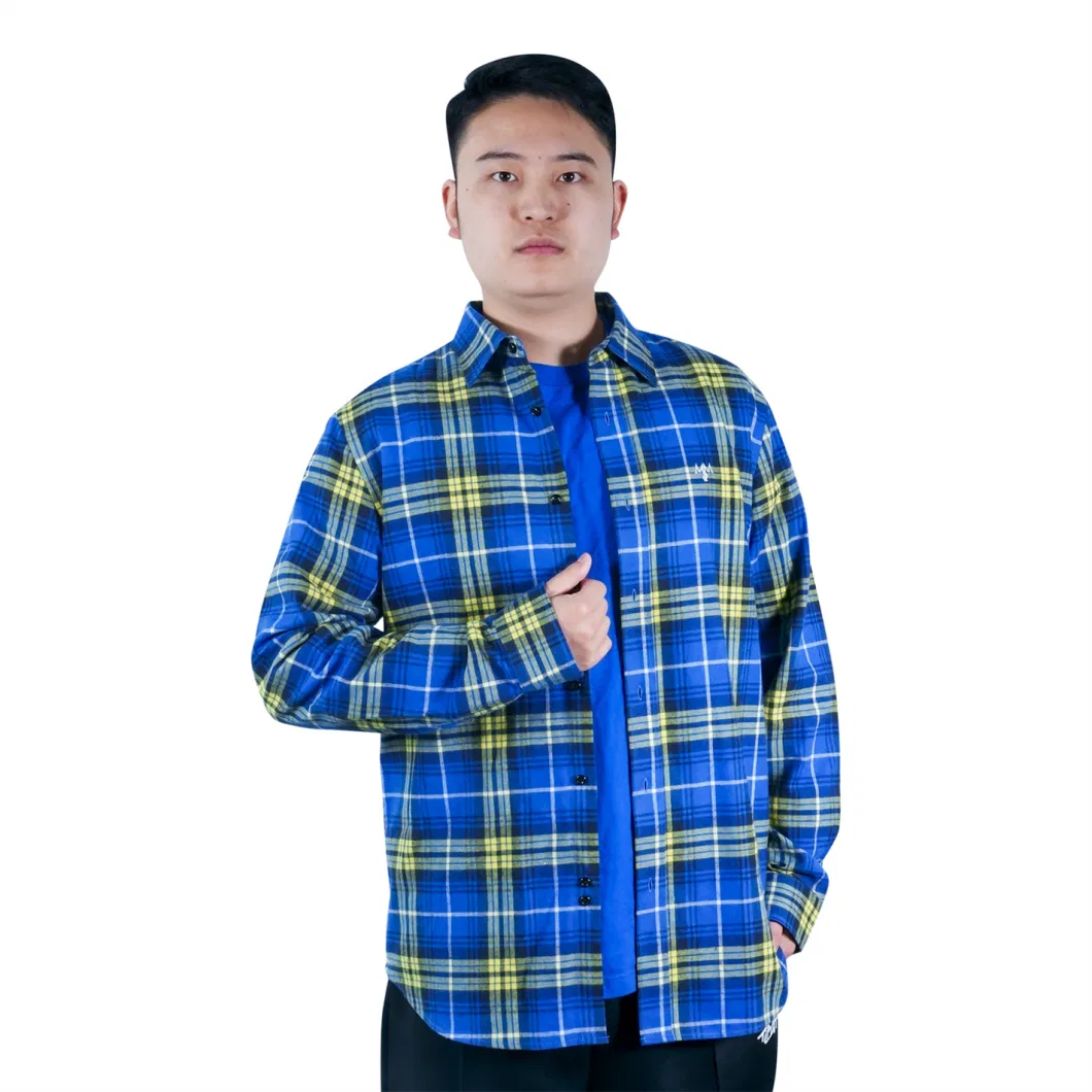 Cotton Plaid Men Blue Lumberjack Shirts Casual Work Custom Embroidered Brand Name Logo Shirt