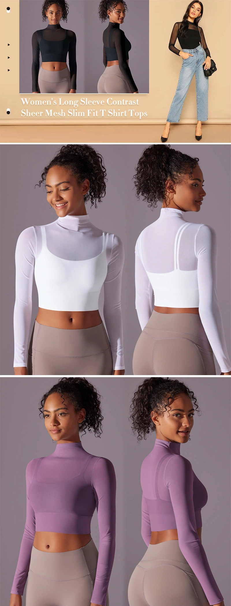 New Design Fall Winter Sexy Long Sleeve Blouse Sports Activewear Crop Top Gym Sweatshirt for Women, See Through Beauty Back Mesh Yoga Running Shirts with Bra