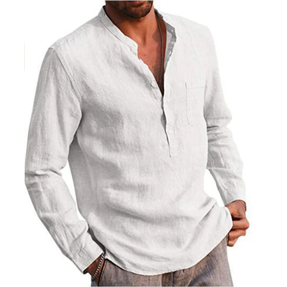 100% Cotton Line Hot Sale Men&prime; S Long-Sleeved Shirts Summer Solid Color Stand-up Collar Casual Beach Style Plus Size