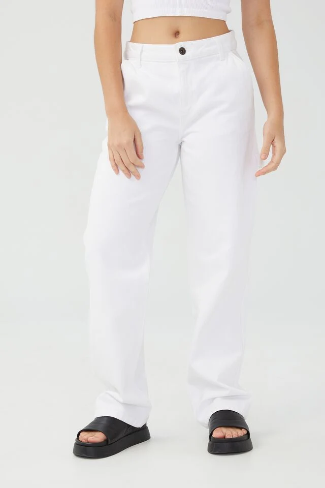 Women Non-Stretch White and Reef Blue Enzyme Wash Straight Leg Baggy Denim Pants with Hammer Loop and Side Pocket Detail on Side Seam Relaxed Fit Jeans