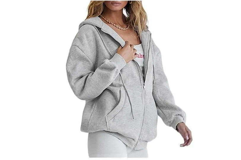 Custom Women Drawstring Oversized Front Zip up Hoodies with Pocket