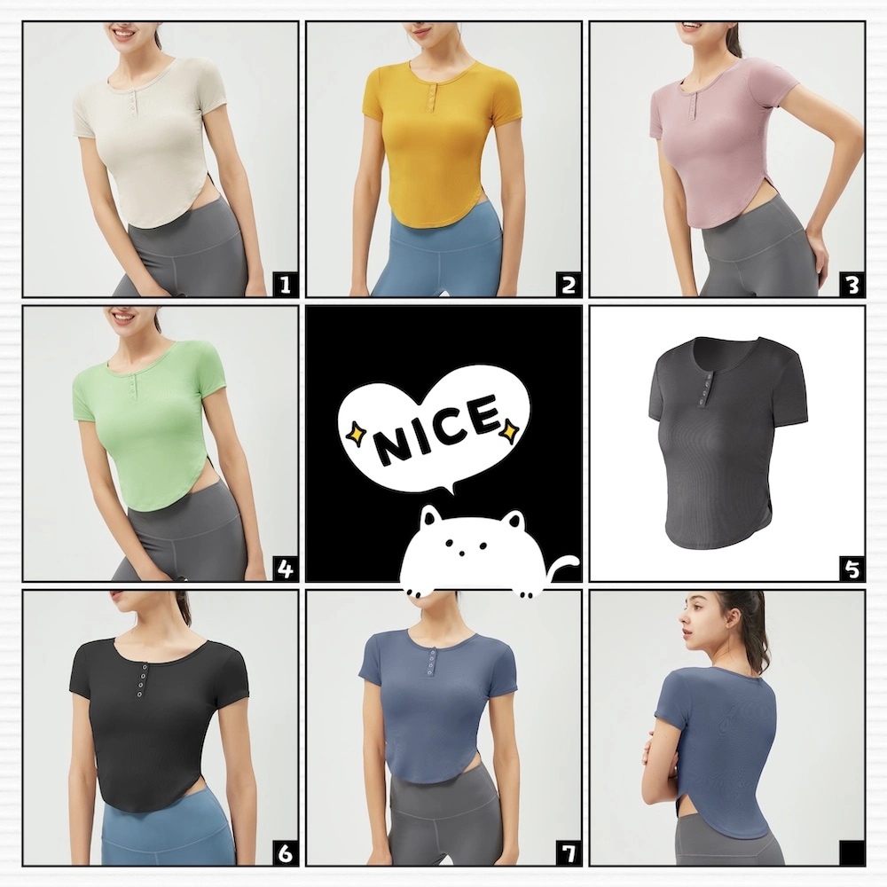 Wholesale Cute V Neck Yoga Apparel Henley Shirts Fitted Workout Crop Tops with Bra and Snap Button, Customize Short Sleeve Athletic Sports T-Shirts for Women