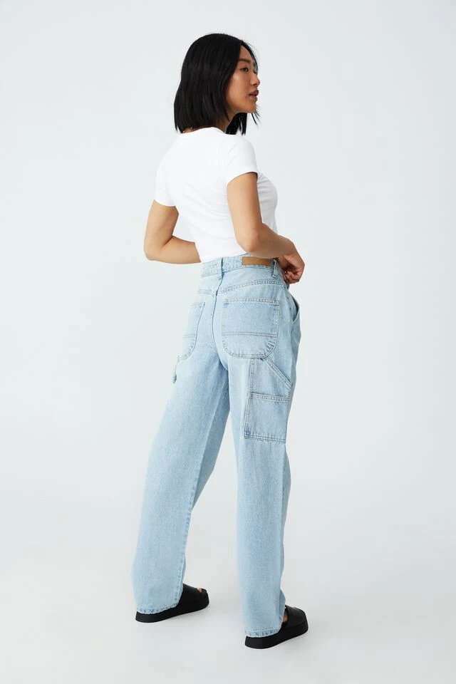 Women Non-Stretch Offshore&Swell Blue Enzyme Stone Wash Straight Leg Baggy Denim Pants with Hammer Loop and Side Pocket Detail on Side Seam Relaxed Fit Jeans