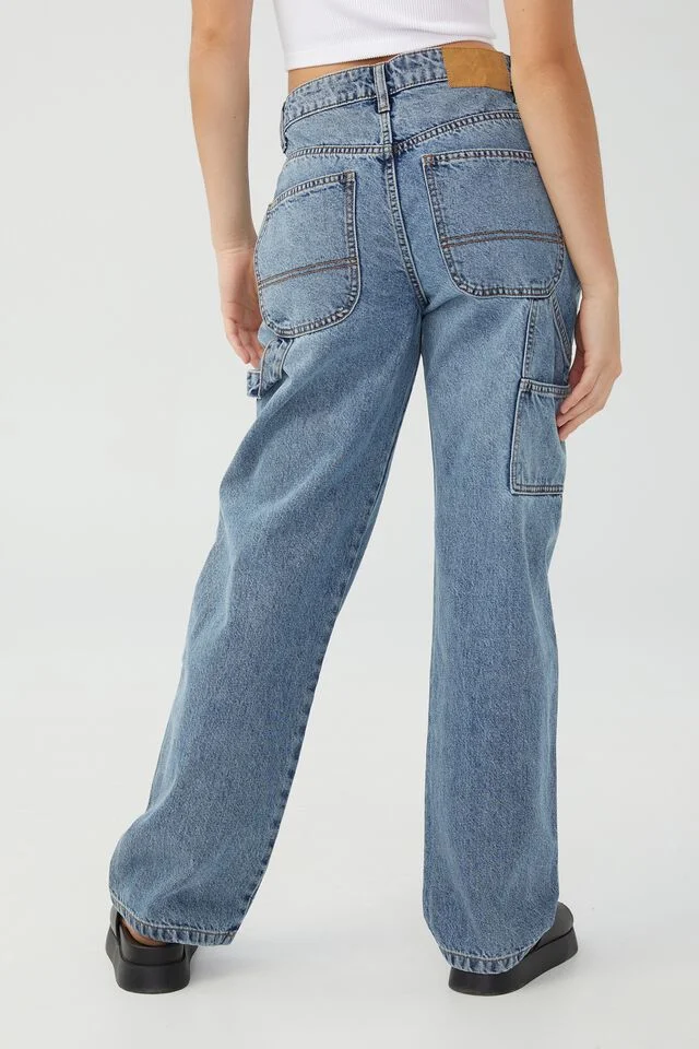 Women Non-Stretch White and Reef Blue Enzyme Wash Straight Leg Baggy Denim Pants with Hammer Loop and Side Pocket Detail on Side Seam Relaxed Fit Jeans