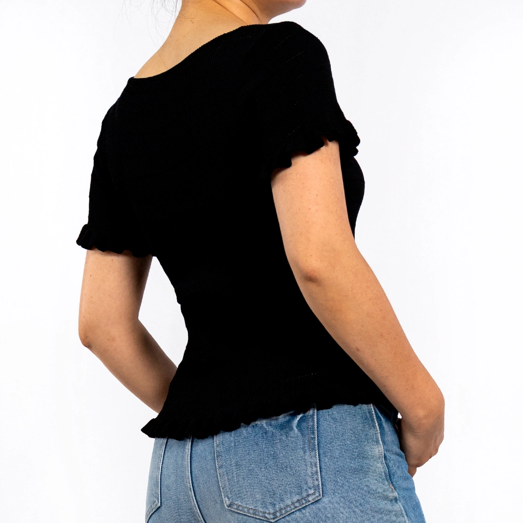 Knitted Round Neck Ruffle Short Sleeve Pullover Black Women Shirts