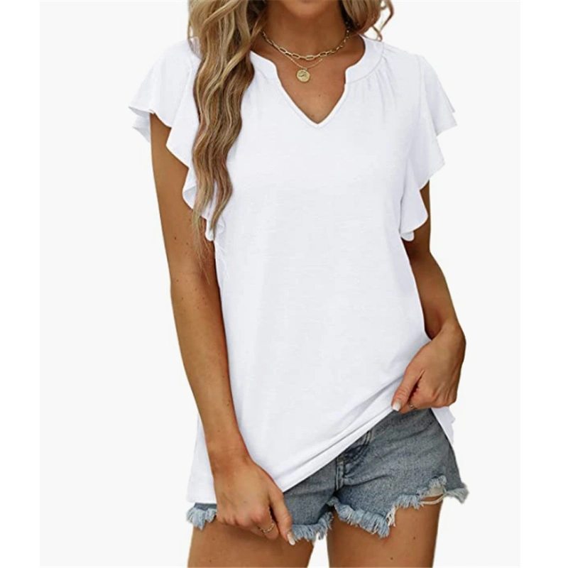 Women&prime;s Ss New Fashion Amazon Ruffled Sleeves V-Neck Short-Sleeved Loose Top T-Shirt Clothing