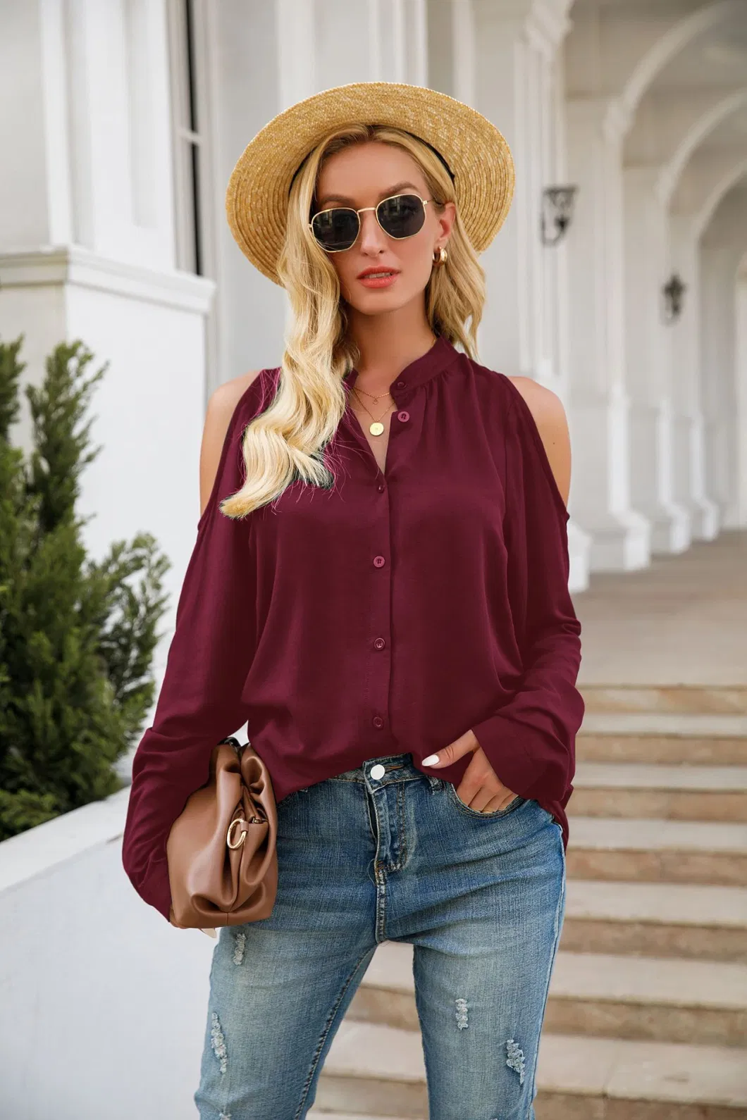 Black Rayon Round Neck Bubble Long Sleeve Women&prime;s Blouse Shirt