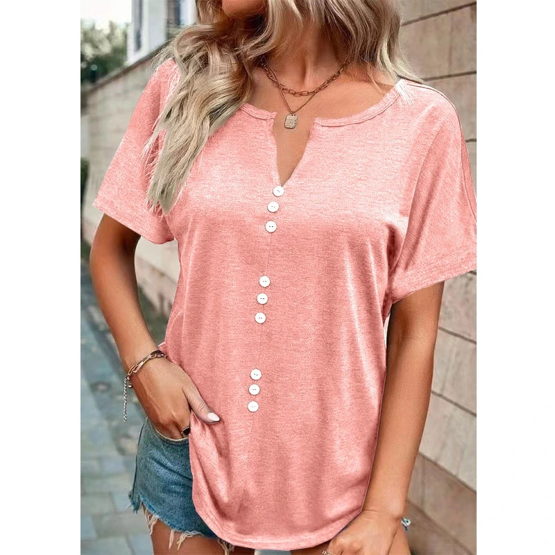 Solid Color Women&prime;s Soft Fashion Small V-Neck Top Short-Sleeved T-Shirt Clothing