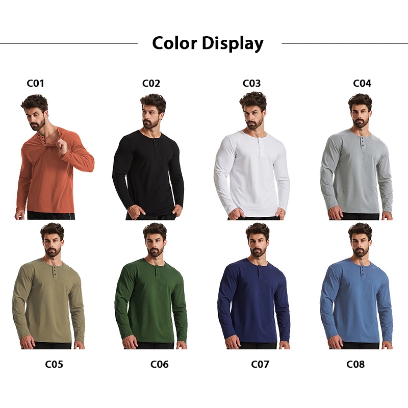 Wholesale Custom Logo Men&prime;s Loose Fit Long-Sleeve Henley Shirt Casual Beefy Workout Cotton Pullover Shirts with Buttons for Men