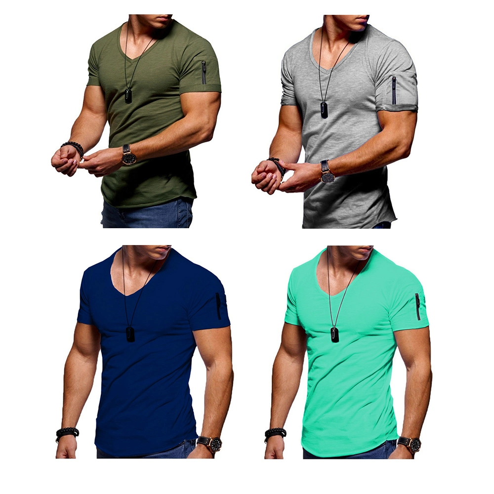 2022 New Men&prime; S V-Neck T-Shirt Fitness Bodybuilding T-Shirt High Street Summer Short-Sleeved Zipper Casual Cotton Top