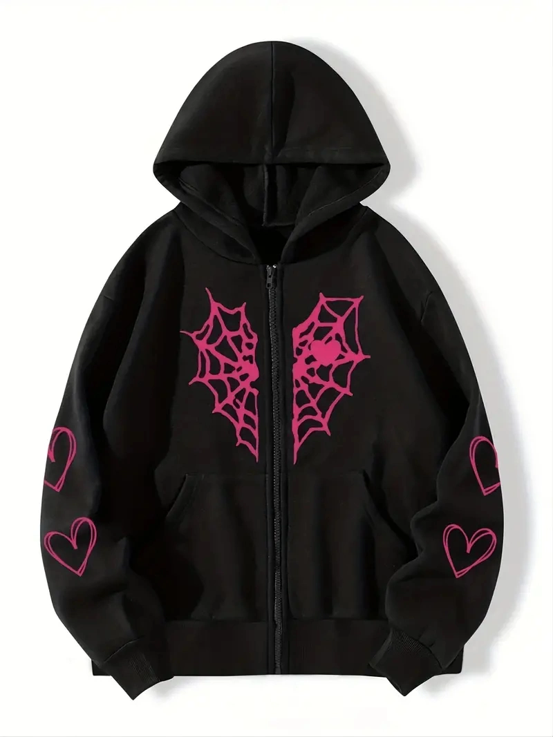 Spider Web Heart-Shaped Print Drawstring Loose Casual Zipper Hoodies Pocket Fashion Long Sleeve Sweatshirt