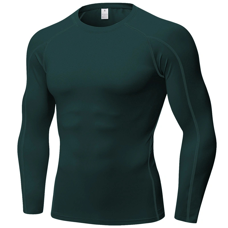 2021 Men&prime; S Blue Round Neck Pullover Gym Fitness Clothing Long Sleeve Quick Dry Sports Wear Weightlifting Compression Shirt with Black Contrast Stitching