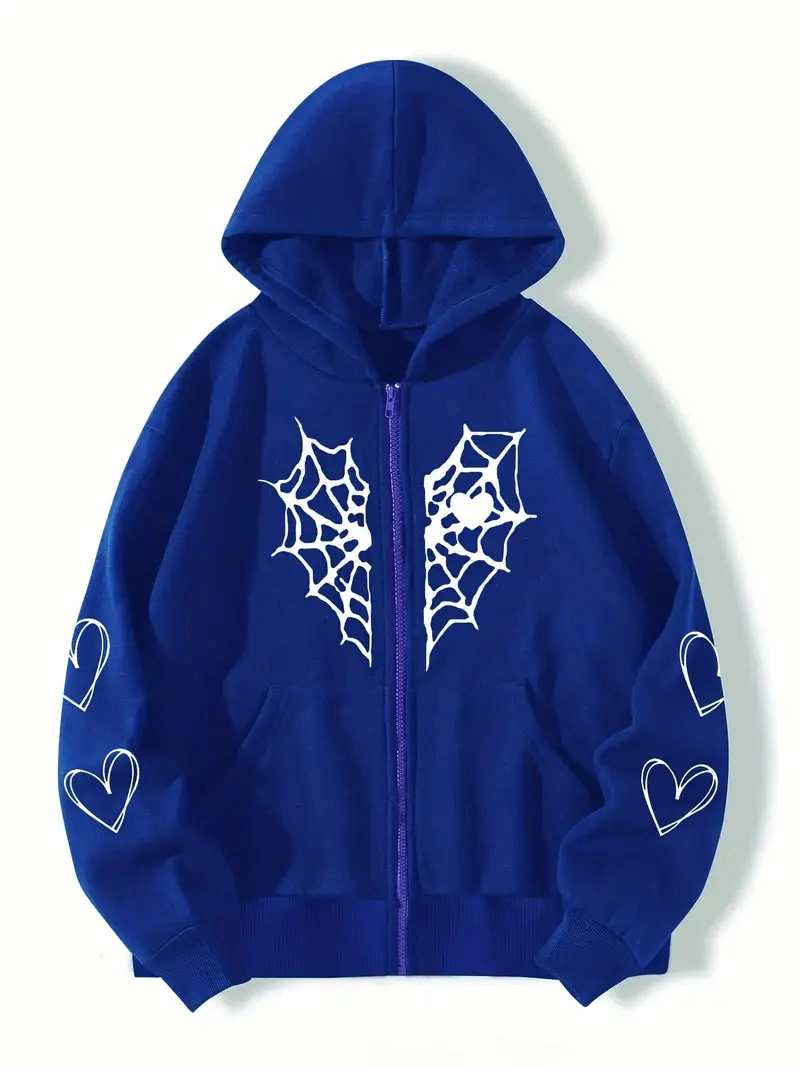 Spider Web Heart-Shaped Print Drawstring Loose Casual Zipper Hoodies Pocket Fashion Long Sleeve Sweatshirt