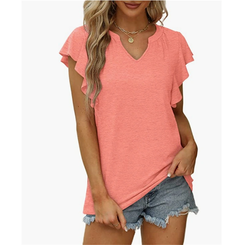 Women&prime;s Ss New Fashion Amazon Ruffled Sleeves V-Neck Short-Sleeved Loose Top T-Shirt Clothing