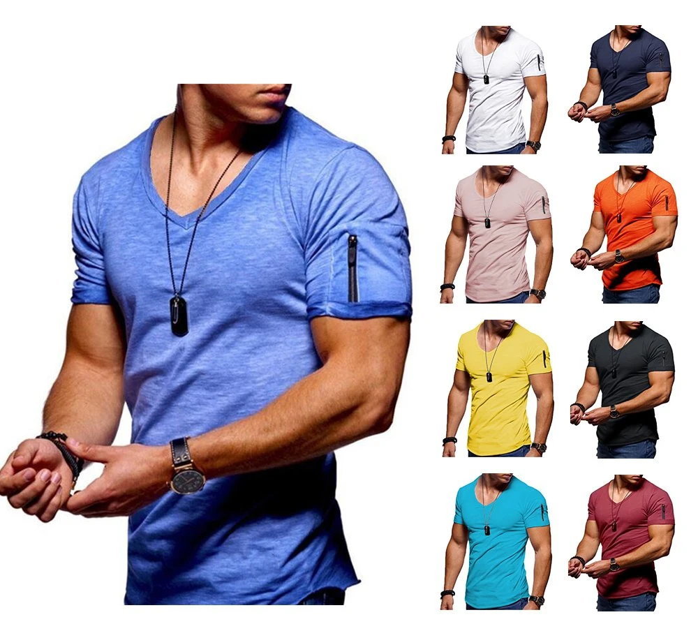 2022 New Men&prime; S V-Neck T-Shirt Fitness Bodybuilding T-Shirt High Street Summer Short-Sleeved Zipper Casual Cotton Top