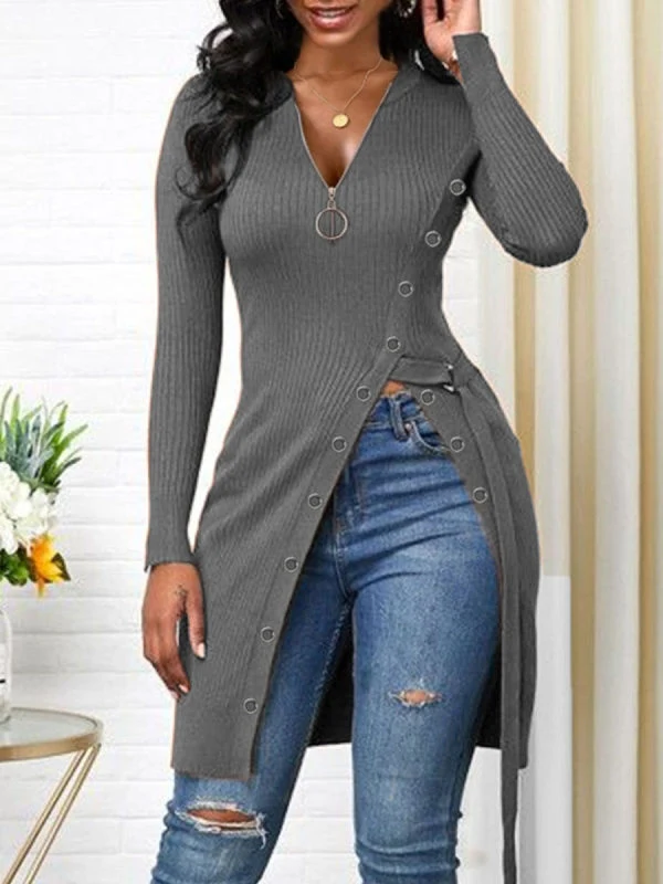 V-Neck Long-Sleeved High-Slit Solid Color T-Shirt