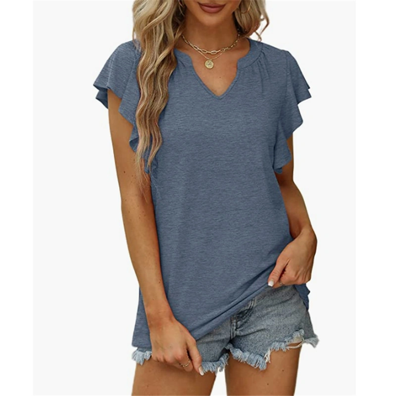 Women&prime;s Ss New Fashion Amazon Ruffled Sleeves V-Neck Short-Sleeved Loose Top T-Shirt Clothing