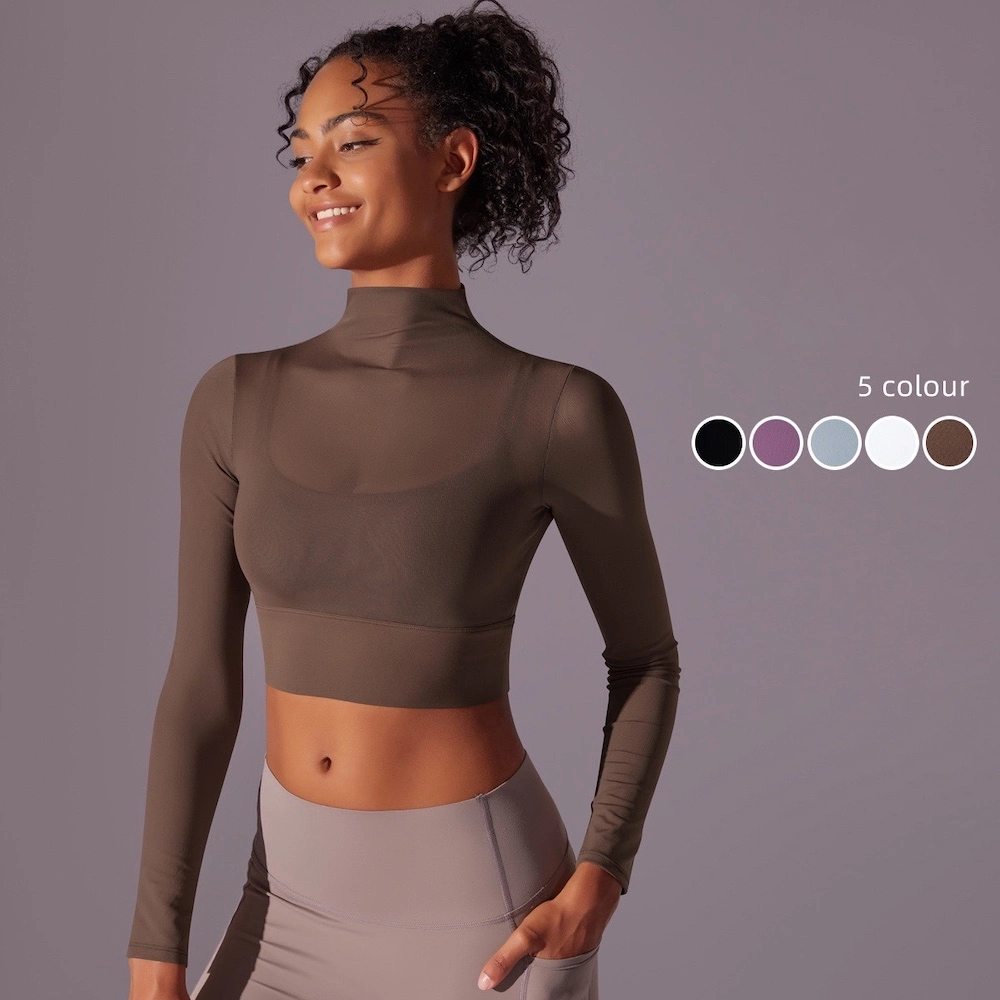 New Design Fall Winter Sexy Long Sleeve Blouse Sports Activewear Crop Top Gym Sweatshirt for Women, See Through Beauty Back Mesh Yoga Running Shirts with Bra