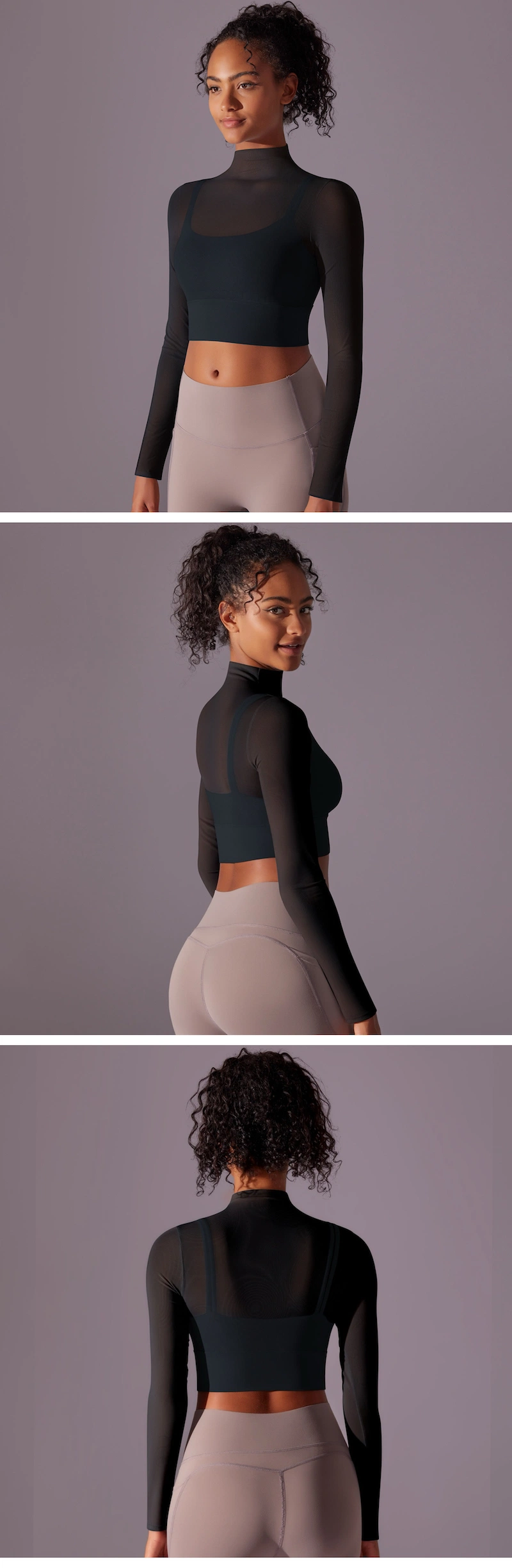 New Design Fall Winter Sexy Long Sleeve Blouse Sports Activewear Crop Top Gym Sweatshirt for Women, See Through Beauty Back Mesh Yoga Running Shirts with Bra