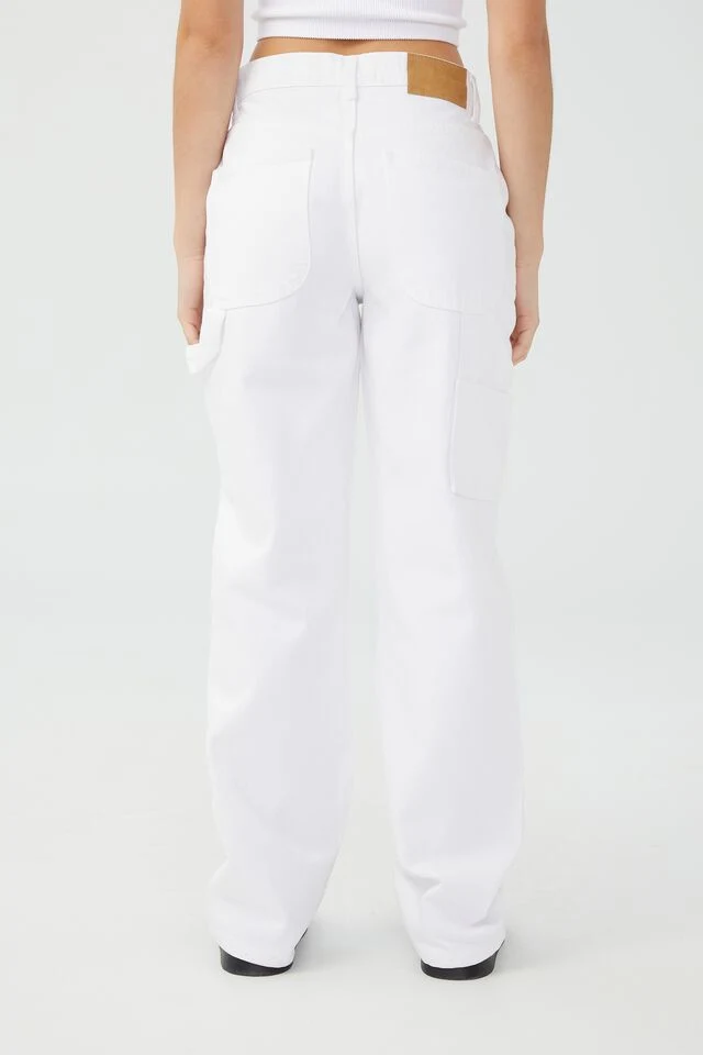 Women Non-Stretch White and Reef Blue Enzyme Wash Straight Leg Baggy Denim Pants with Hammer Loop and Side Pocket Detail on Side Seam Relaxed Fit Jeans