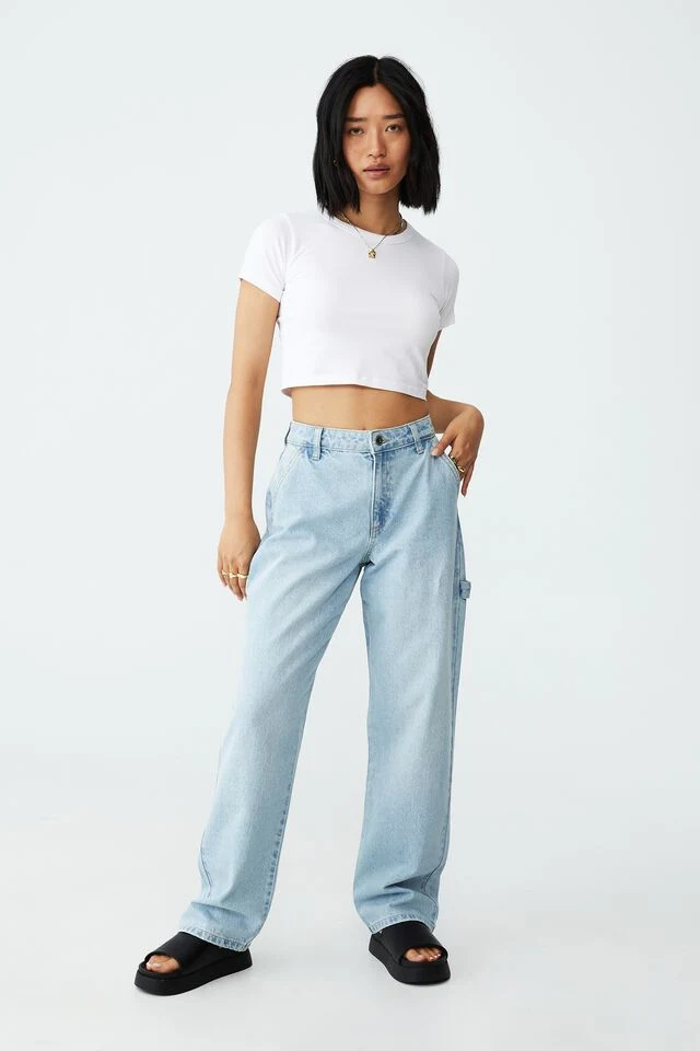 Women Non-Stretch Offshore&Swell Straight Leg Baggy Denim Pants with Hammer Loop and Side Pocket Detail on Side Seam Relaxed Fit Jeans