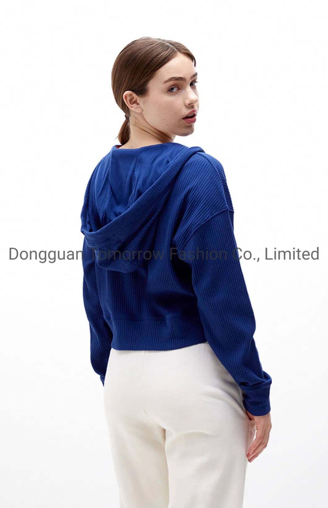 V Neck OEM New Promotion Fleece Ladies Custom Long Sleeves Comfy Ribbed Cotton Knitted Sets Blue Women Hoodies