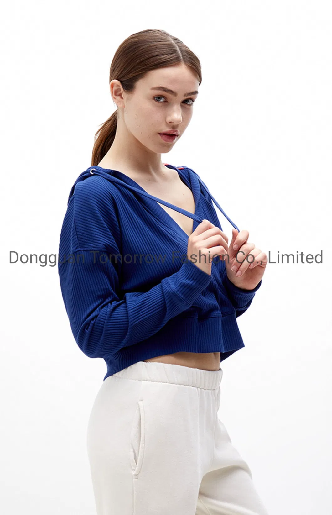 V Neck OEM New Promotion Fleece Ladies Custom Long Sleeves Comfy Ribbed Cotton Knitted Sets Blue Women Hoodies