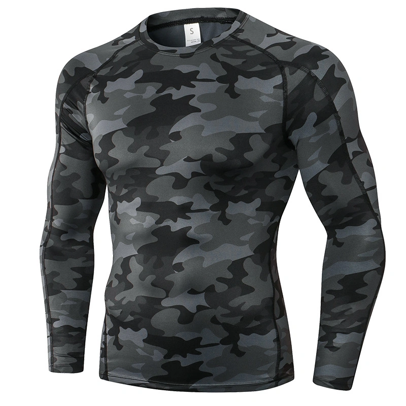 2021 Men&prime; S Blue Round Neck Pullover Gym Fitness Clothing Long Sleeve Quick Dry Sports Wear Weightlifting Compression Shirt with Black Contrast Stitching