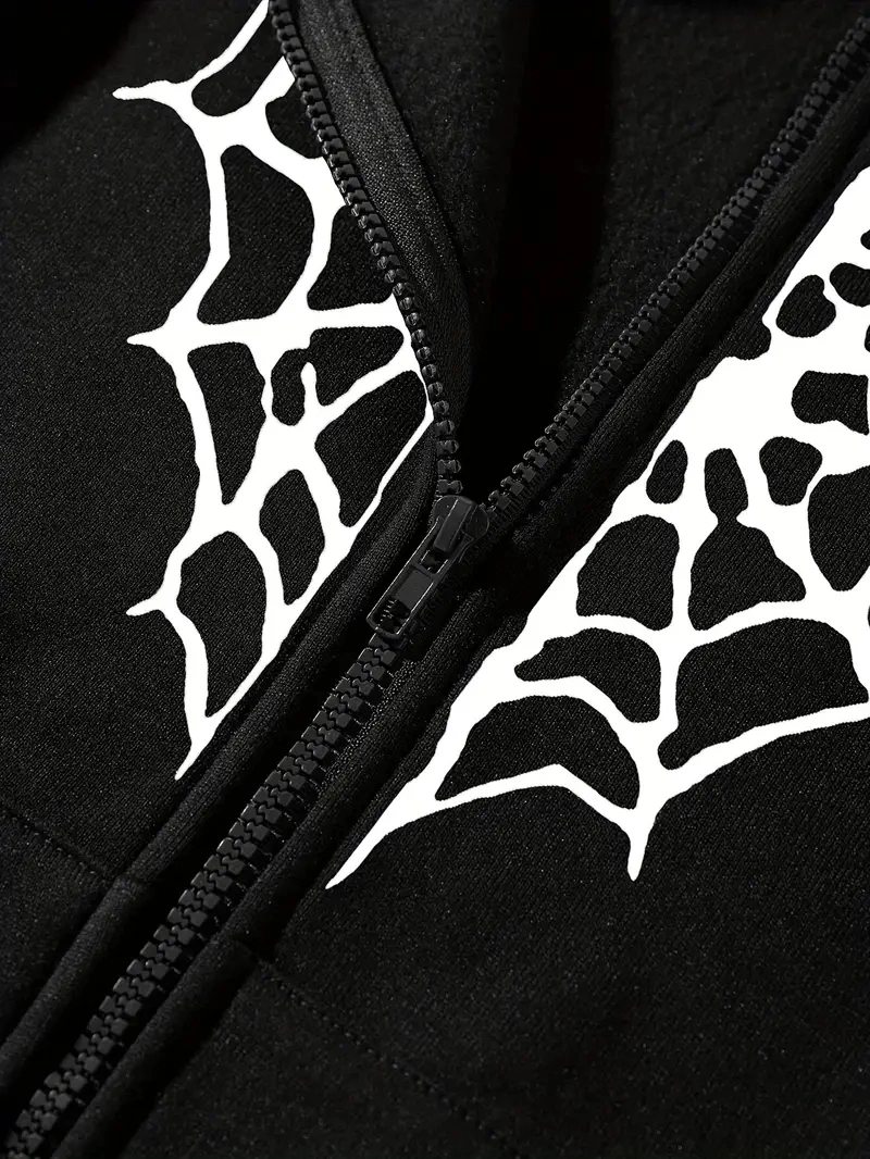 Spider Web Heart-Shaped Print Drawstring Loose Casual Zipper Hoodies Pocket Fashion Long Sleeve Sweatshirt