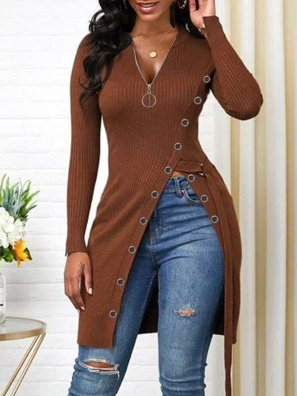 V-Neck Long-Sleeved High-Slit Solid Color T-Shirt