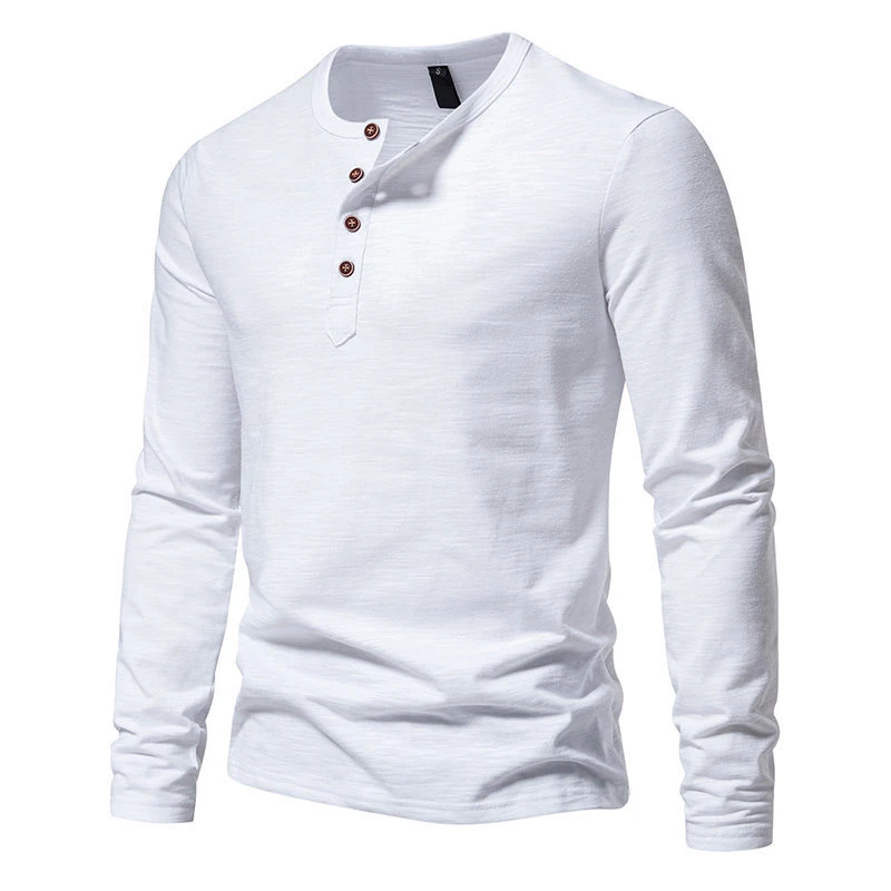 White Four-Button Henley Collar Long Sleeve T-Shirt for Man