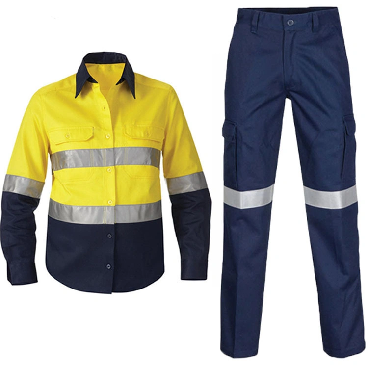 Custom Wholesale 100% Cotton High Visibility Reflective Men Long Sleeve Work Wear Uniform Safety Work Shirts