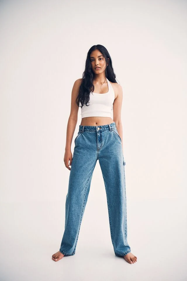 Women Non-Stretch Offshore&Swell Straight Leg Baggy Denim Pants with Hammer Loop and Side Pocket Detail on Side Seam Relaxed Fit Jeans