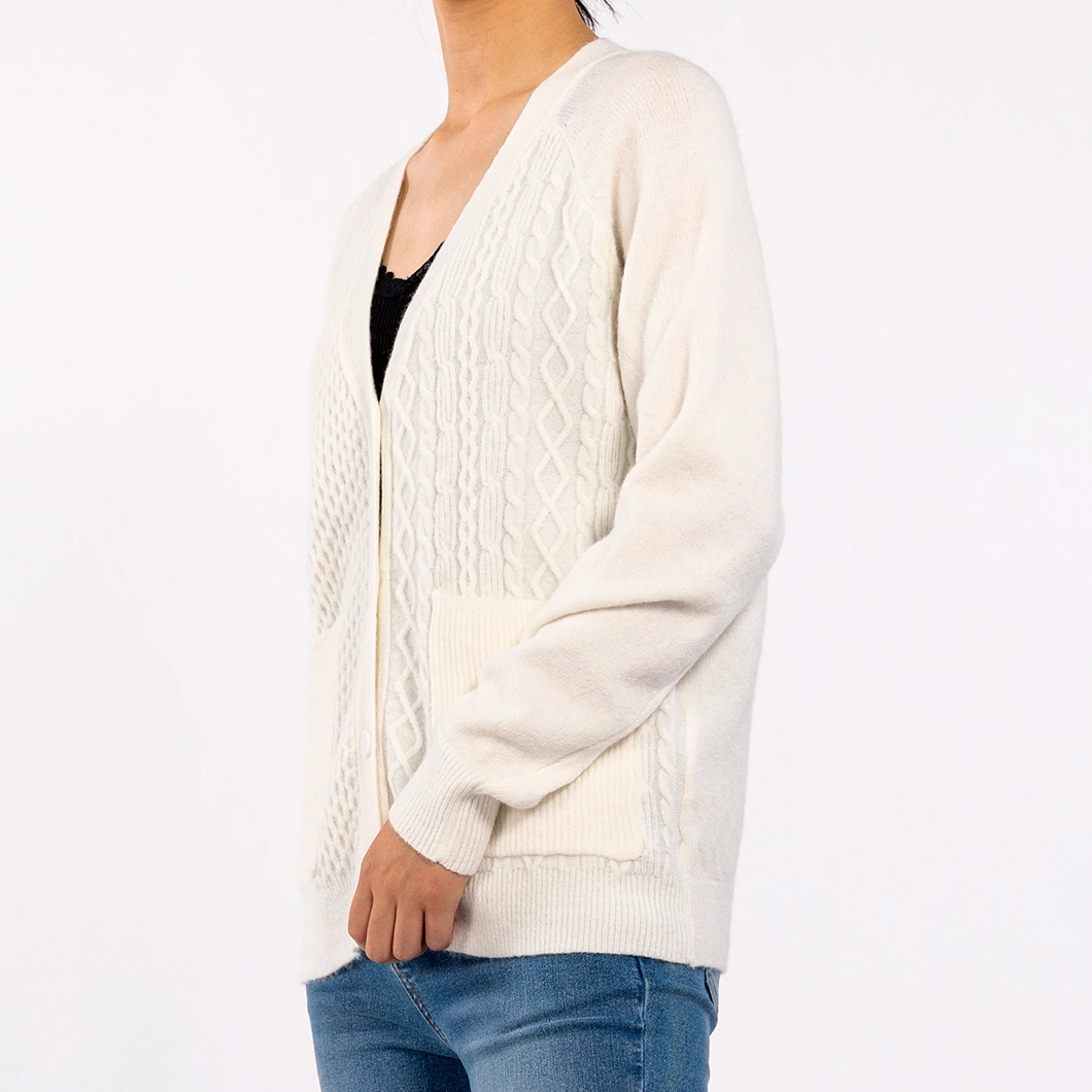 Spring Fall Design Textured V-Neck Long Sleeve with Pockets White Cardigan for Women