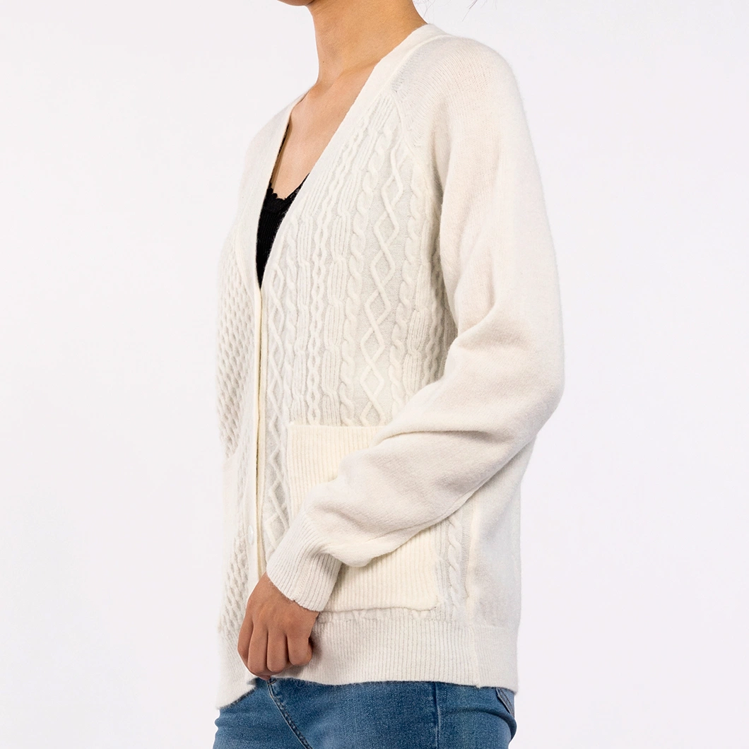 Spring Fall Design Textured V-Neck Long Sleeve with Pockets White Cardigan for Women