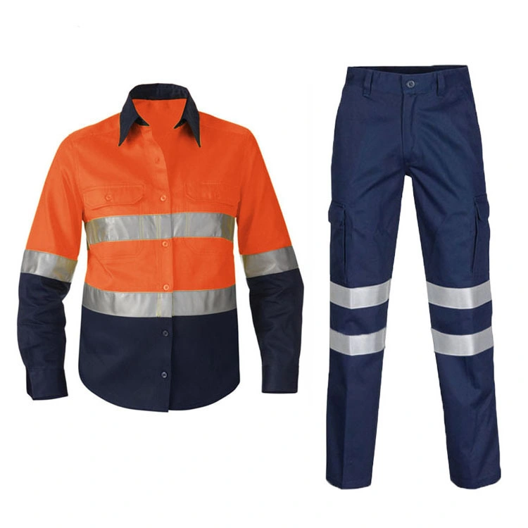 Custom Two Tone Long Sleeve Workwear with Logo 3m Refelctive Stripe Cotton Hi Viz Work Safety Shirt