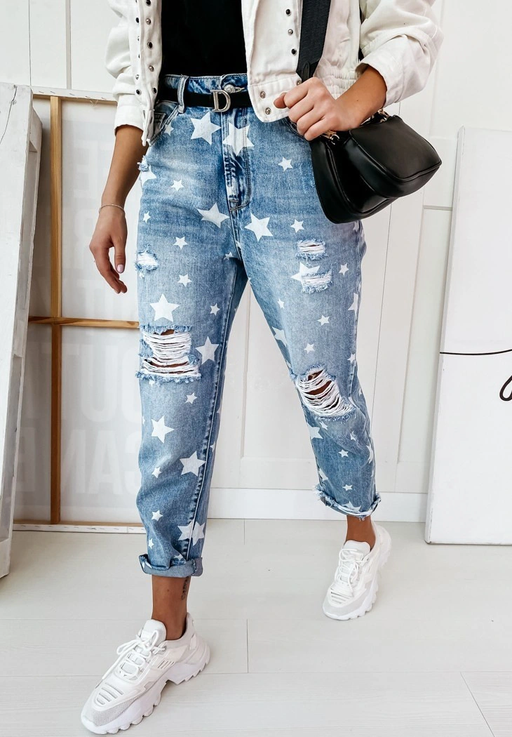 Women Sexy Distressed Ripped Holes High Waist Denim Pants with Starts Patterns Women Jeans Summer Women&prime;s Clothes Stretch Fit Trousers Wholesale Price