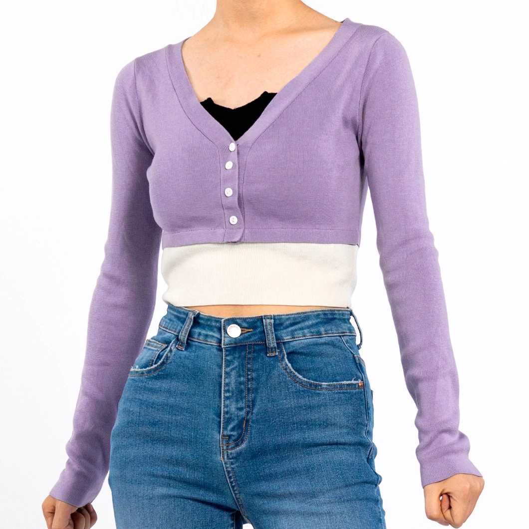 Fake Two Pieces V Neck Long Sleeved T-Shirt Knit Crop Shirt for Women