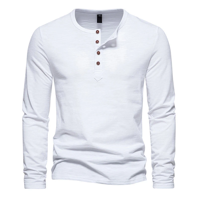 White Four-Button Henley Collar Long Sleeve T-Shirt for Man