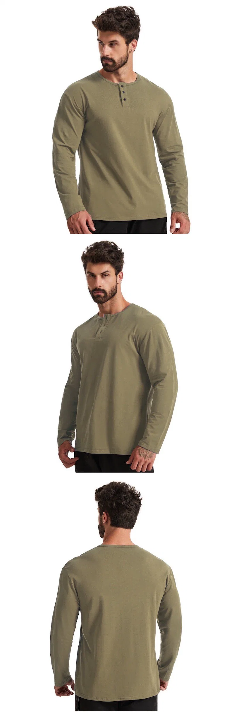 Wholesale Custom Logo Men&prime;s Loose Fit Long-Sleeve Henley Shirt Casual Beefy Workout Cotton Pullover Shirts with Buttons for Men