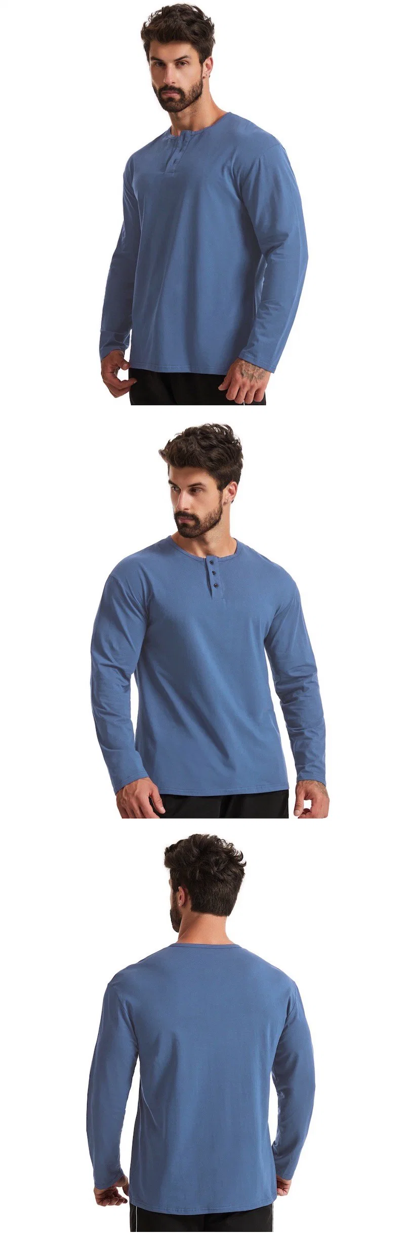 Wholesale Custom Logo Men&prime;s Loose Fit Long-Sleeve Henley Shirt Casual Beefy Workout Cotton Pullover Shirts with Buttons for Men