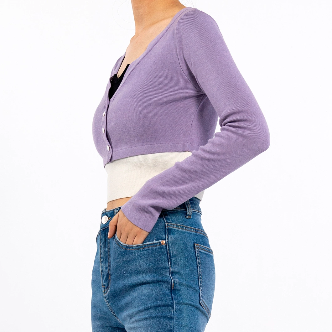 Fake Two Pieces V Neck Long Sleeved T-Shirt Knit Crop Shirt for Women