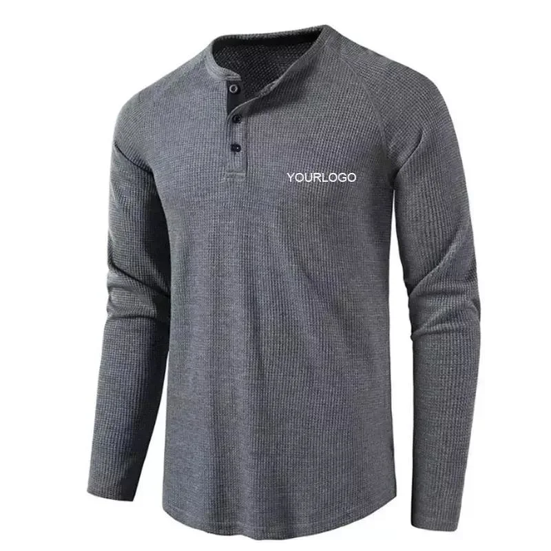 Plain Grey T-Shirts Bulk Henley Shirts Men Waffle Long Sleeve Gym Shirt Men Cotton Slim Sports Casual Wear T-Shirt