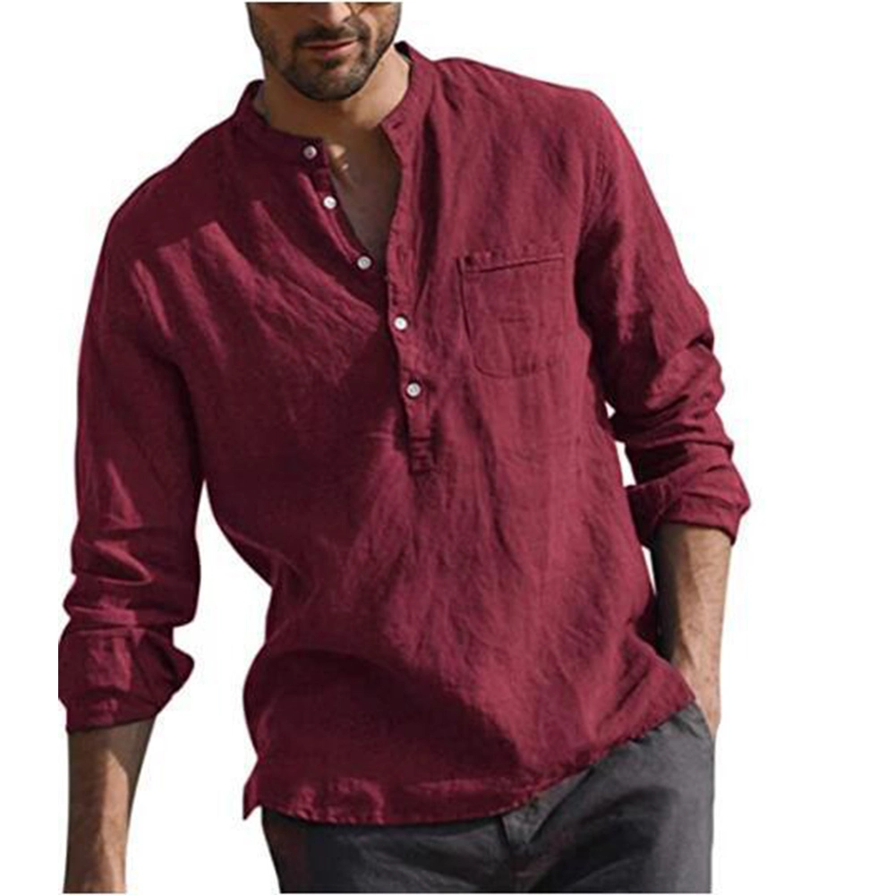 Hot Sale New 100% Cotton Line Men&prime; S Long-Sleeved Shirts Summer Solid Color Stand-up Collar Casual Beach Style