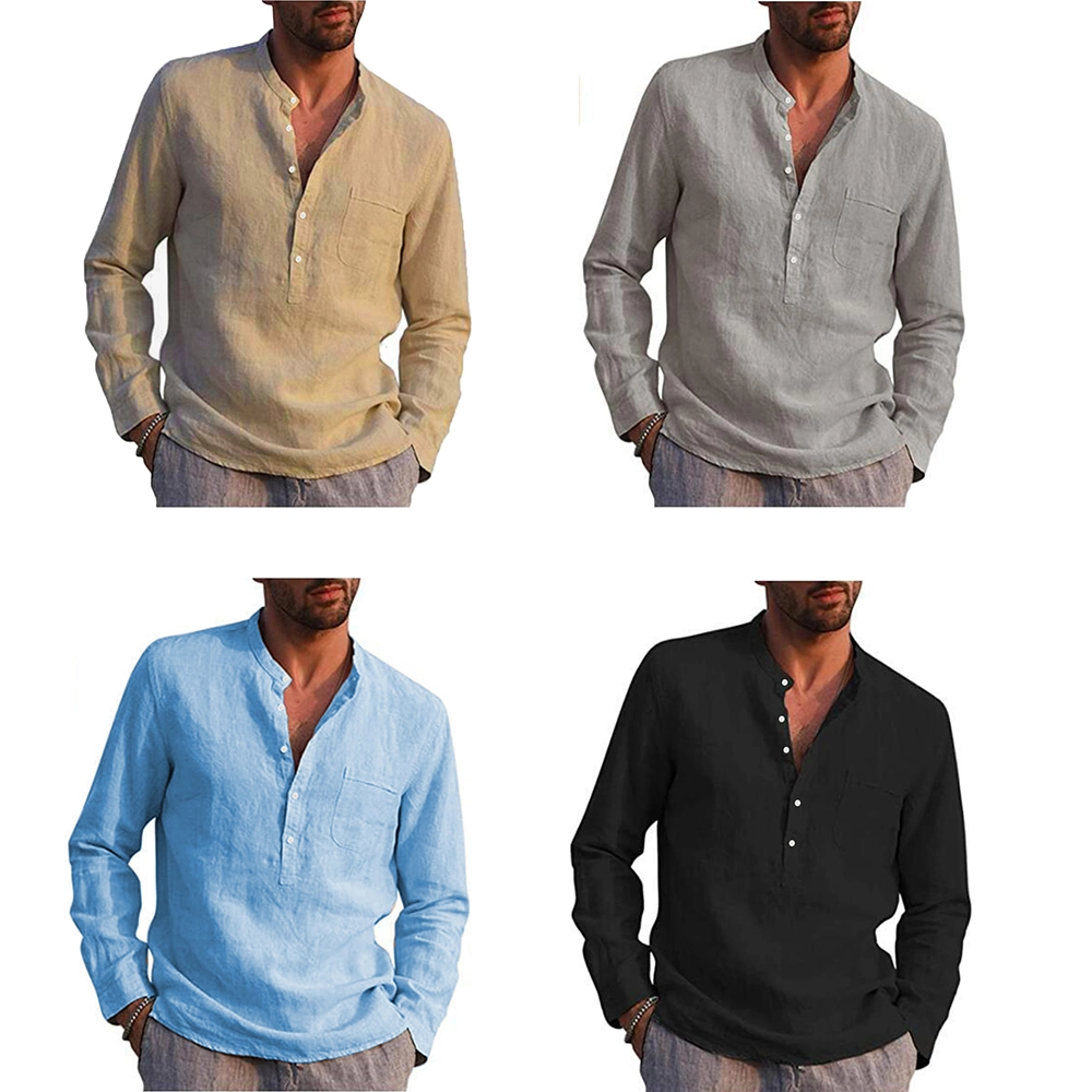 Hot Sale New 100% Cotton Line Men&prime; S Long-Sleeved Shirts Summer Solid Color Stand-up Collar Casual Beach Style