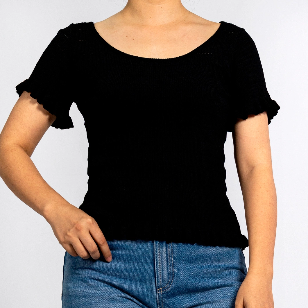 Knitted Round Neck Ruffle Short Sleeve Pullover Black Women Shirts