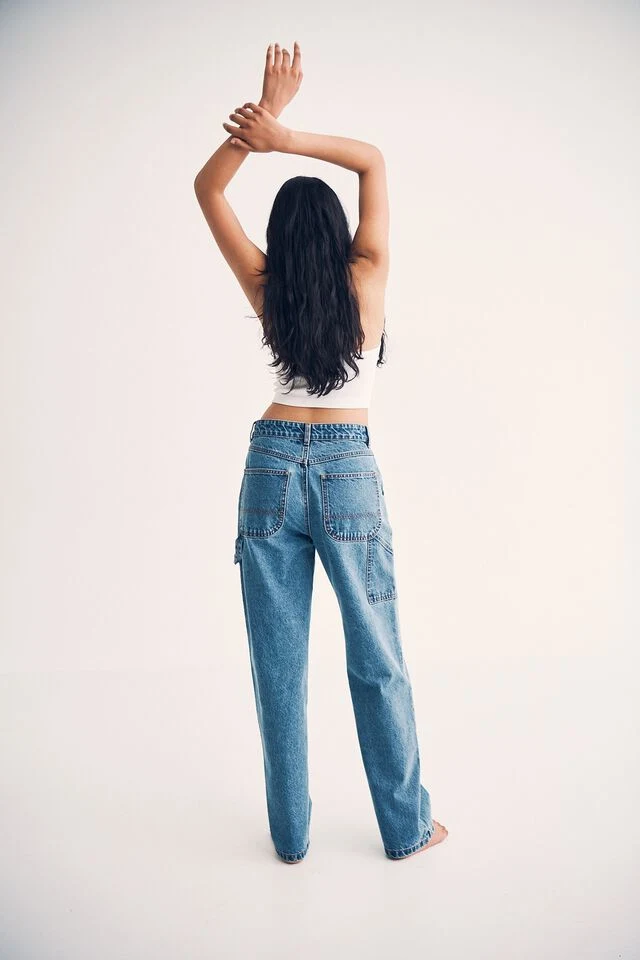 Women Non-Stretch Offshore&Swell Straight Leg Baggy Denim Pants with Hammer Loop and Side Pocket Detail on Side Seam Relaxed Fit Jeans