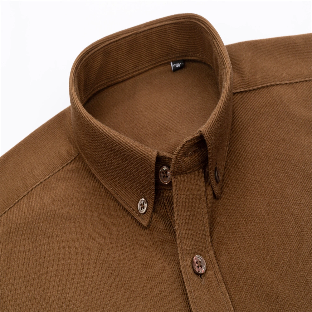 Brown Spring Long Sleeve Button Custom OEM Curved Hem Corduroy Men Casual Shirts