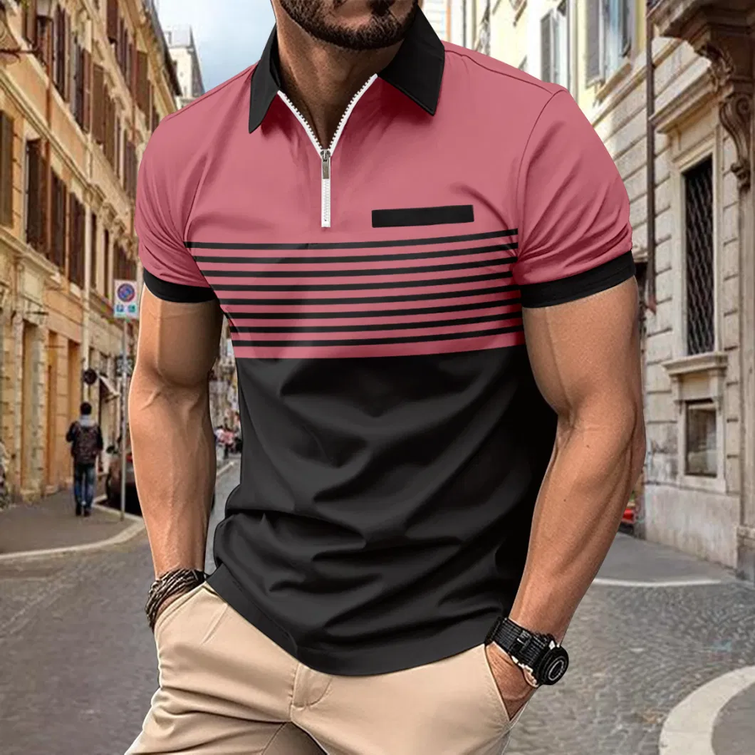 Men&prime;s Half Zipper Lapel Collar T Shirt Striped Print Short Sleeve Polo Shirt